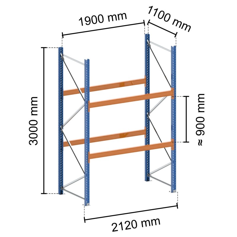 Rack à palettes Type de palette:800 x 1200 mm (Europe) Hauteur:3000 mm Niveaux:2 Longueur:2120 mm Nombre palettes stockées (stoc