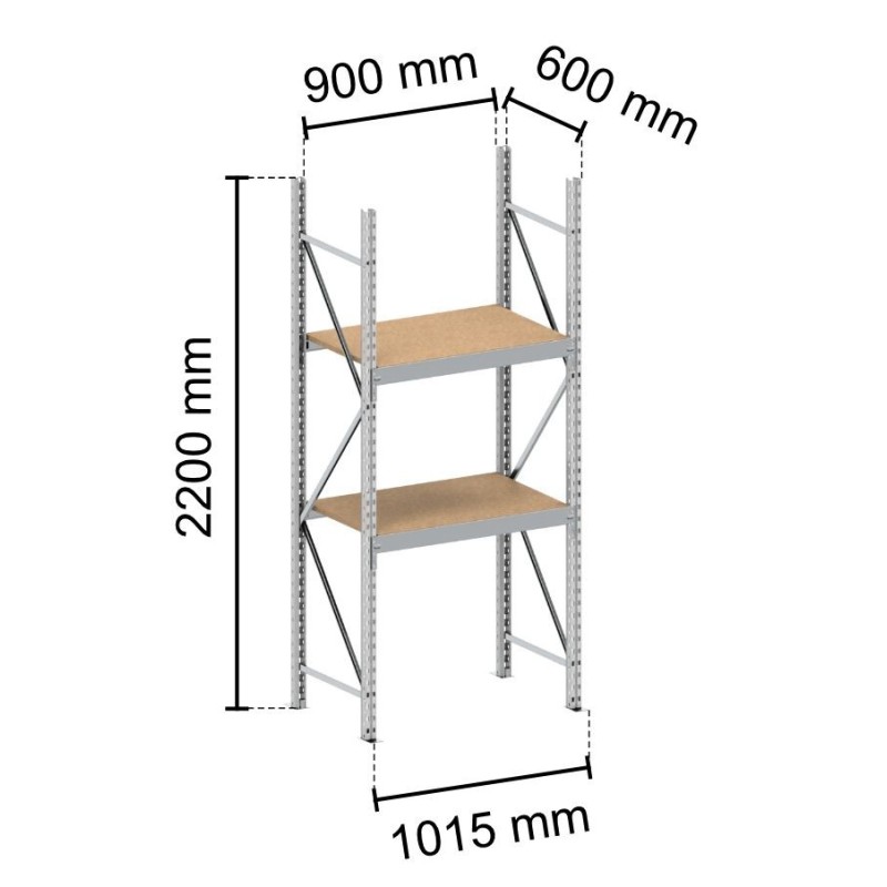 Rayonnage mi-lourd Hauteur:2200 mm Longueur totale:1015 mm Nombre de niveaux:2 Profondeur:600 mm Charges:Niveau 900 x 600 mm : 2