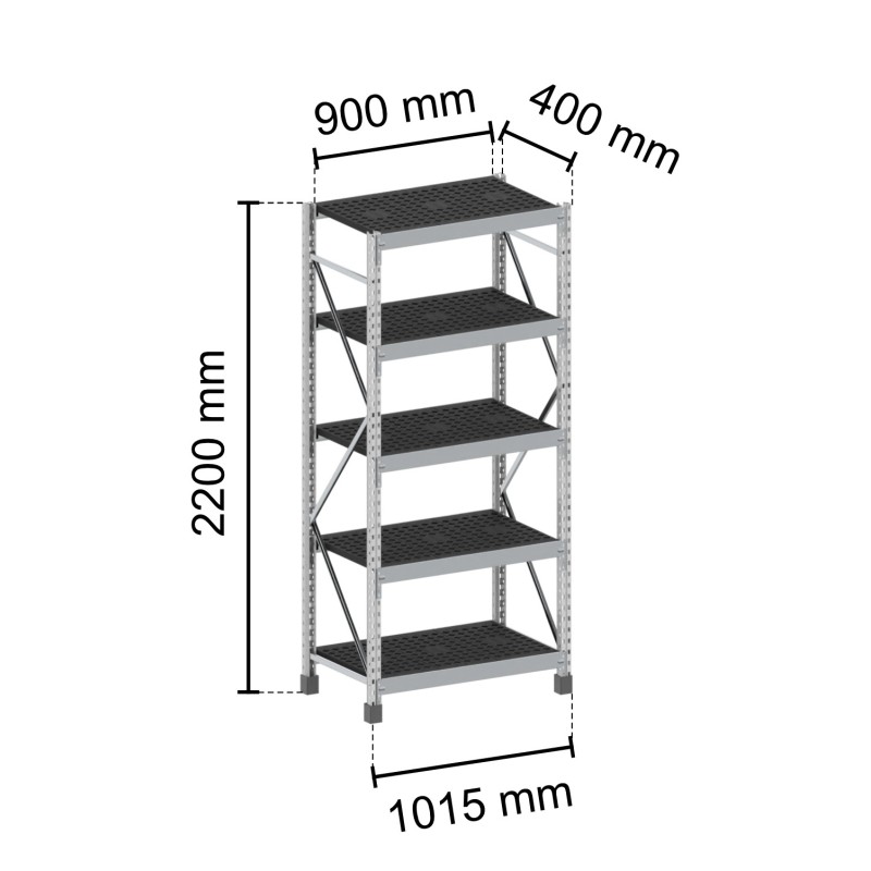 Rayonnage stock sec FOOD MILO - Hauteur:2200 mm FOOD MILO - Longueur:1015 mm FOOD MILO - Niveaux:5 FOOD MILO - Profondeur:400 mm