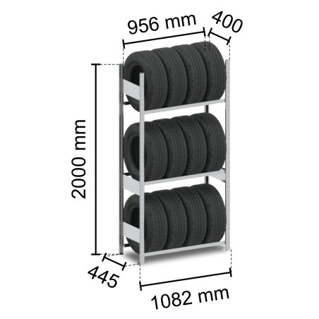 Rayonnage à pneus PNEUS - Hauteur:2000 mm PNEUS - Longueur:1082 mm PNEUS - Niveaux:3 PNEUS - Profondeur:400 mm
