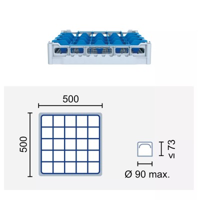 Paniers à verres 500x500 mm Dimensions:500 x 500 mm Hauteur max. des verres:73 mm Compartimentage:25 cases