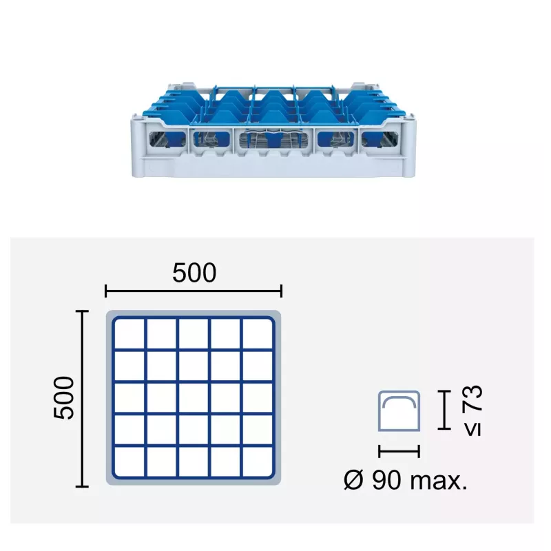 Paniers à verres 500x500 mm Dimensions:500 x 500 mm Hauteur max. des verres:73 mm Compartimentage:25 cases