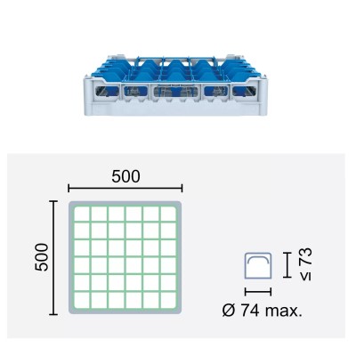 Paniers à verres 500x500 mm Dimensions:500 x 500 mm Hauteur max. des verres:73 mm Compartimentage:36 cases