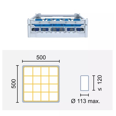 Paniers à verres 500x500 mm Dimensions:500 x 500 mm Hauteur max. des verres:120 mm Compartimentage:16 cases