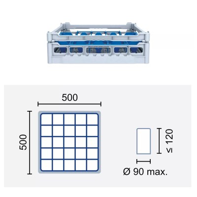 Paniers à verres 500x500 mm Dimensions:500 x 500 mm Hauteur max. des verres:120 mm Compartimentage:25 cases