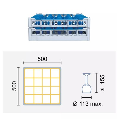 Paniers à verres 500x500 mm Dimensions:500 x 500 mm Hauteur max. des verres:155 mm Compartimentage:16 cases