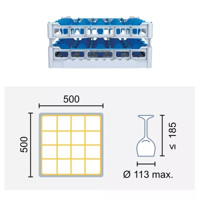 Paniers à verres 500x500 mm Dimensions:500 x 500 mm Hauteur max. des verres:185 mm Compartimentage:16 cases
