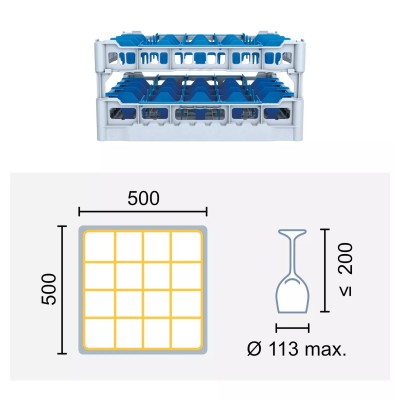 Paniers à verres 500x500 mm Dimensions:500 x 500 mm Hauteur max. des verres:200 mm Compartimentage:16 cases