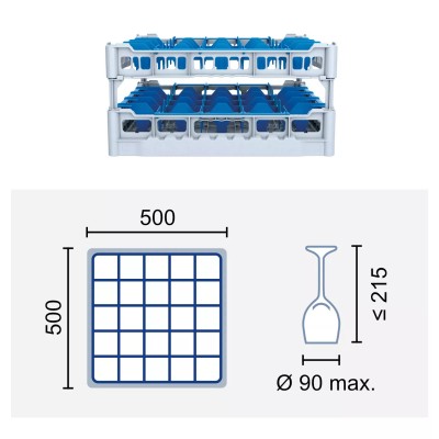 Paniers à verres 500x500 mm Dimensions:500 x 500 mm Hauteur max. des verres:215 mm Compartimentage:25 cases