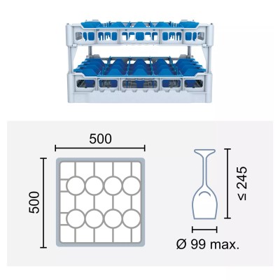 Paniers à verres 500x500 mm Dimensions:500 x 500 mm Hauteur max. des verres:245 mm Compartimentage:20 cases