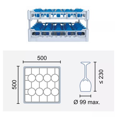 Paniers à verres 500x500 mm Dimensions:500 x 500 mm Hauteur max. des verres:230 mm Compartimentage:20 cases