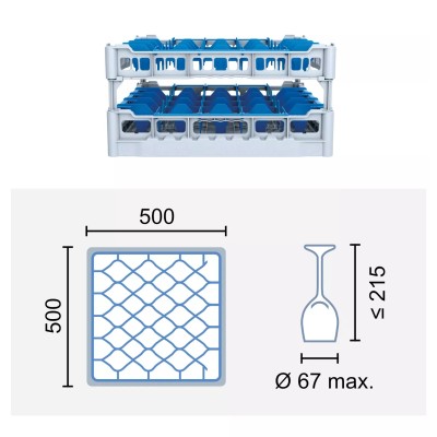 Paniers à verres 500x500 mm Dimensions:500 x 500 mm Hauteur max. des verres:215 mm Compartimentage:44 cases