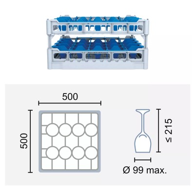 Paniers à verres 500x500 mm Dimensions:500 x 500 mm Hauteur max. des verres:215 mm Compartimentage:20 cases