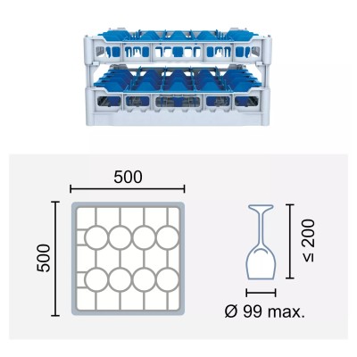 Paniers à verres 500x500 mm Dimensions:500 x 500 mm Hauteur max. des verres:200 mm Compartimentage:20 cases