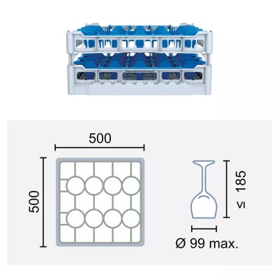 Paniers à verres 500x500 mm Dimensions:500 x 500 mm Hauteur max. des verres:185 mm Compartimentage:20 cases