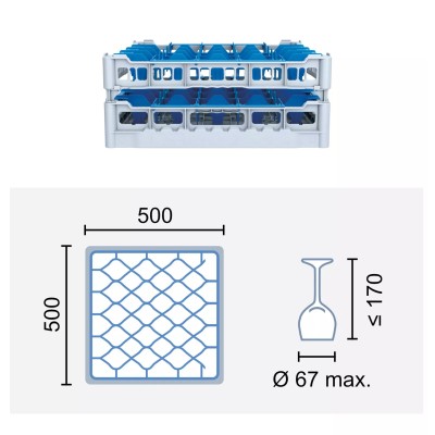 Paniers à verres 500x500 mm Dimensions:500 x 500 mm Hauteur max. des verres:170 mm Compartimentage:44 cases