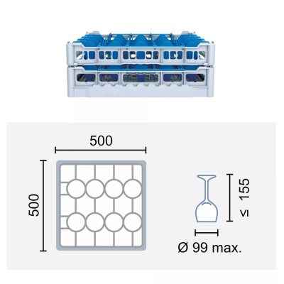 Paniers à verres 500x500 mm Dimensions:500 x 500 mm Hauteur max. des verres:155 mm Compartimentage:20 cases