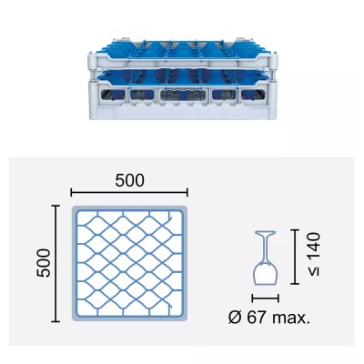 Paniers à verres 500x500 mm Dimensions:500 x 500 mm Hauteur max. des verres:140 mm Compartimentage:44 cases