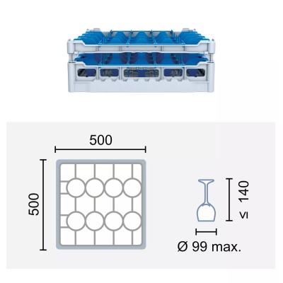 Paniers à verres 500x500 mm Dimensions:500 x 500 mm Hauteur max. des verres:140 mm Compartimentage:20 cases