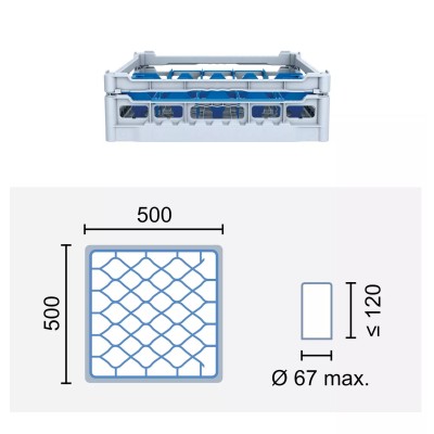 Paniers à verres 500x500 mm Dimensions:500 x 500 mm Hauteur max. des verres:120 mm Compartimentage:44 cases
