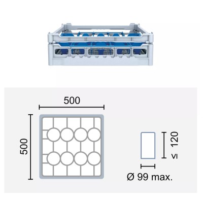 Paniers à verres 500x500 mm Dimensions:500 x 500 mm Hauteur max. des verres:120 mm Compartimentage:20 cases