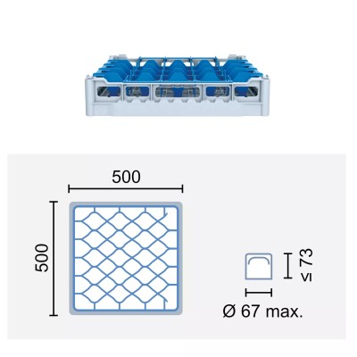 Paniers à verres 500x500 mm Dimensions:500 x 500 mm Hauteur max. des verres:73 mm Compartimentage:44 cases