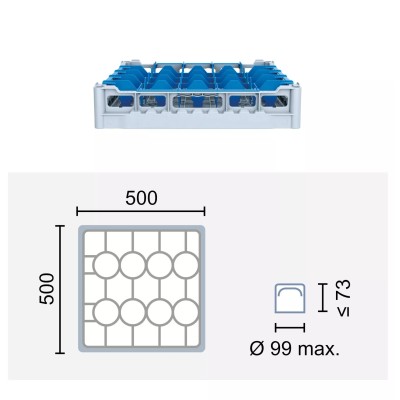 Paniers à verres 500x500 mm Dimensions:500 x 500 mm Hauteur max. des verres:73 mm Compartimentage:20 cases