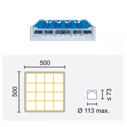 Paniers à verres 500x500 mm Dimensions:500 x 500 mm Hauteur max. des verres:73 mm Compartimentage:16 cases