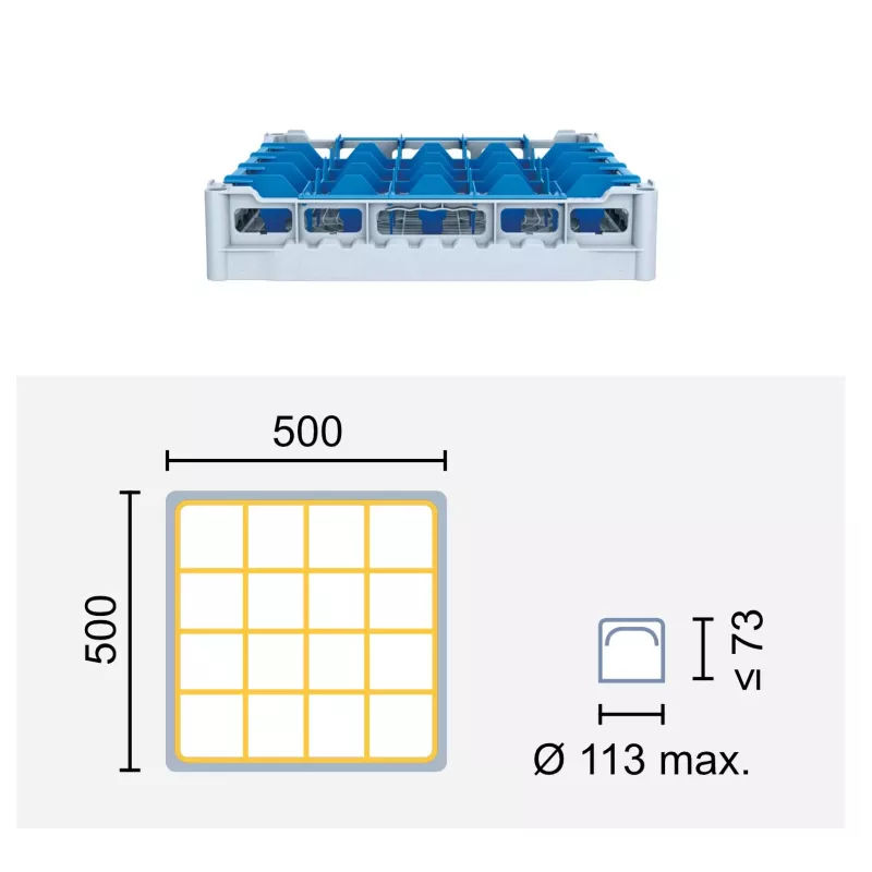 Paniers à verres 500x500 mm Dimensions:500 x 500 mm Hauteur max. des verres:73 mm Compartimentage:16 cases